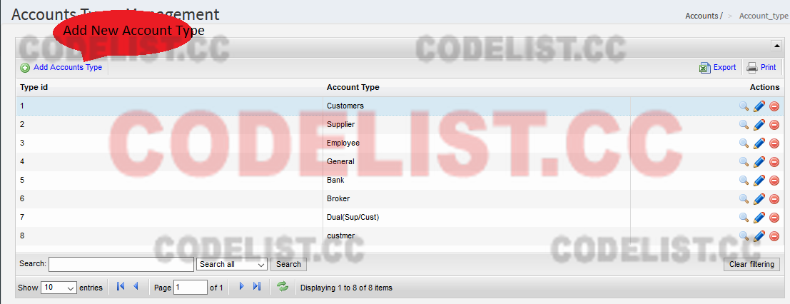 Accounts type management